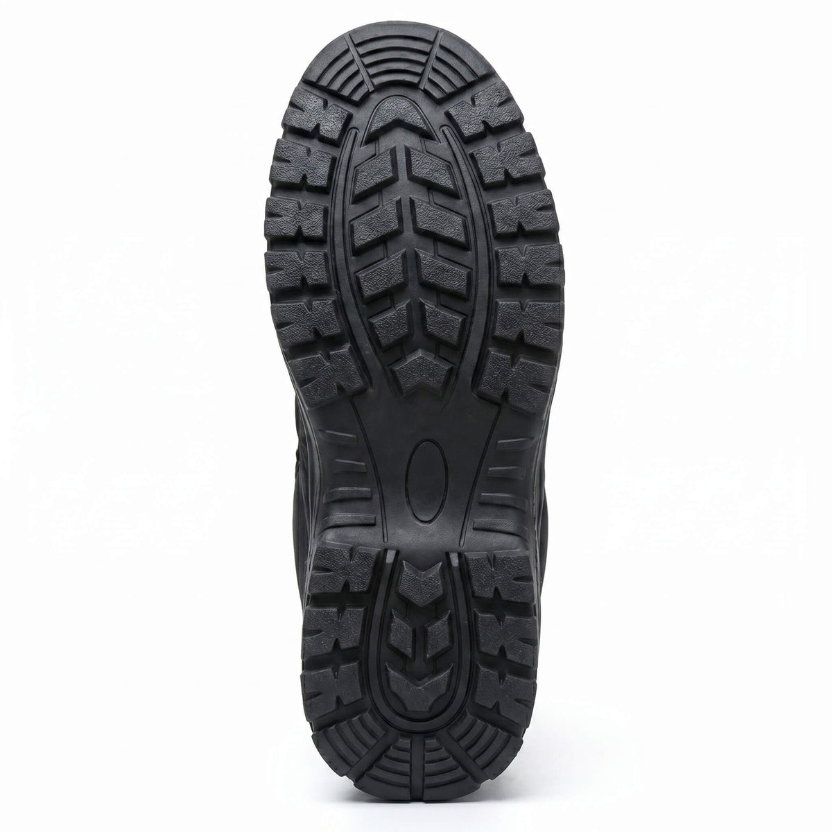Close-up of a black safety boot sole with tread pattern on a white background