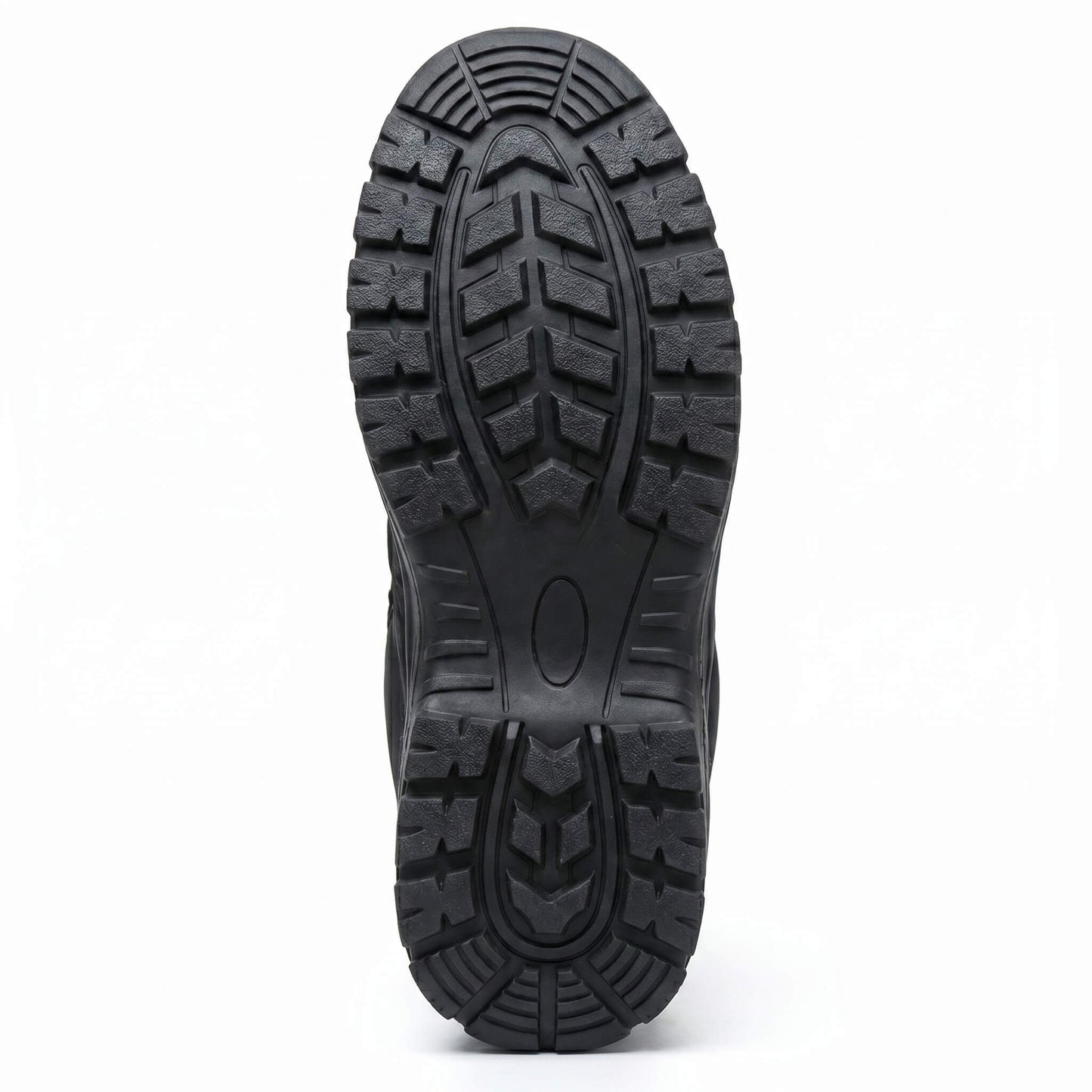 Close-up of a black safety boot sole with tread pattern on a white background