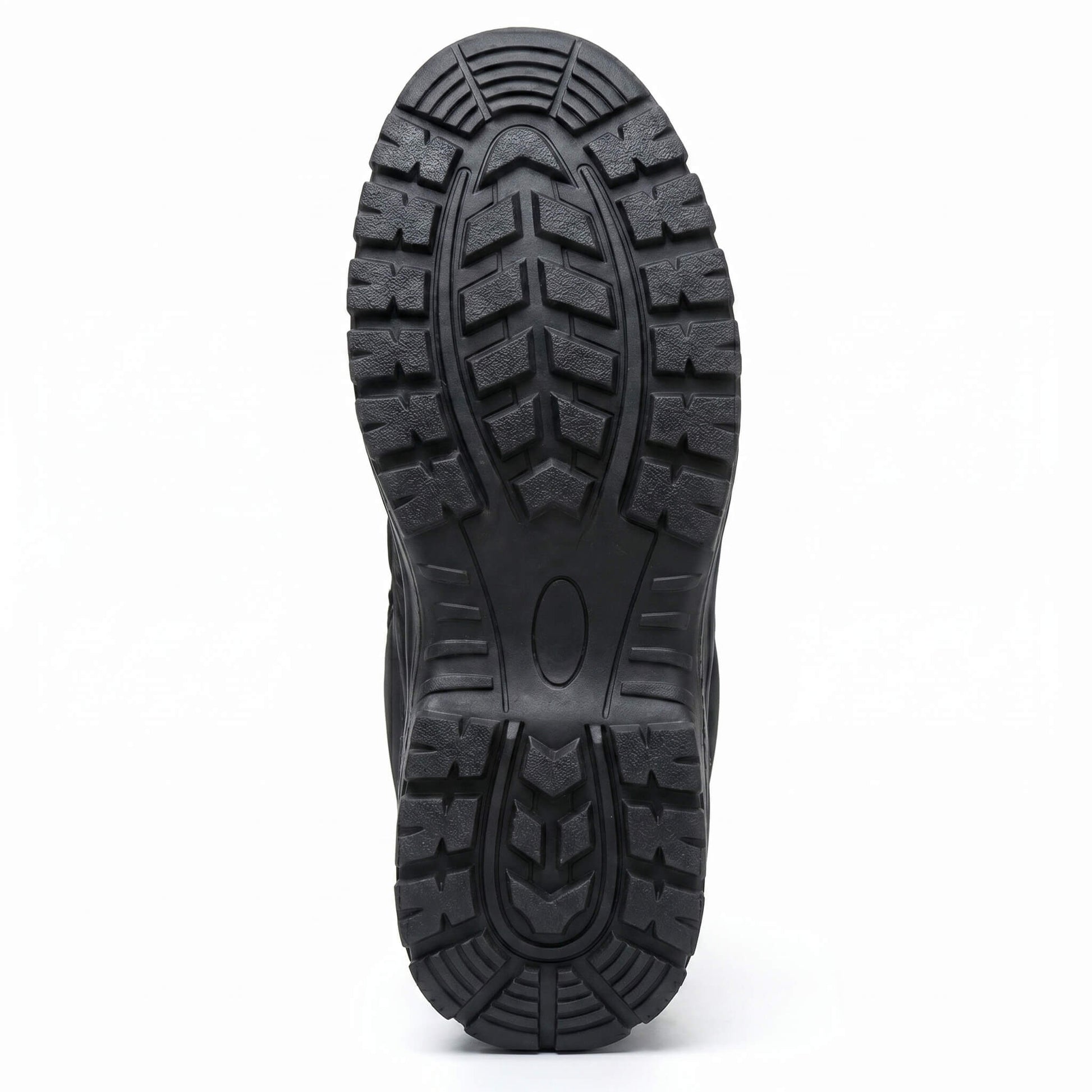Close-up of a black safety boot sole with tread pattern on a white background
