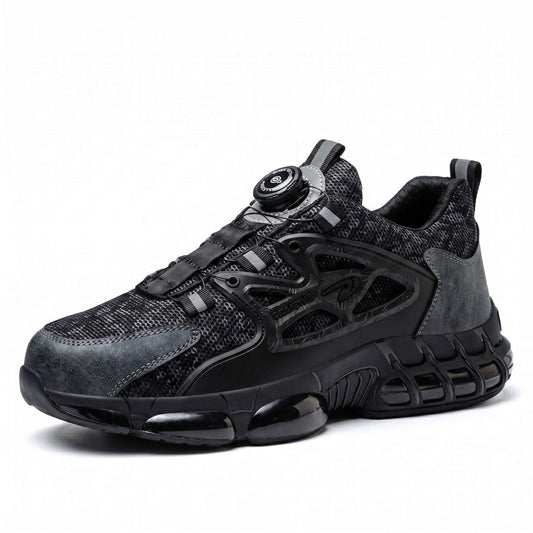 STROVAK Core safety shoe in black leather, side view showing classic work shoes silhouette